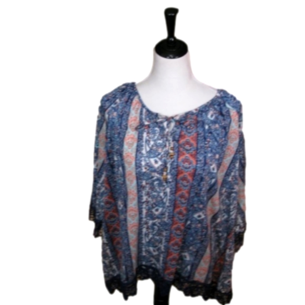 FRENCH Laundry Boho Print Tie Front 3/4 Sleeve Blouse Size XL